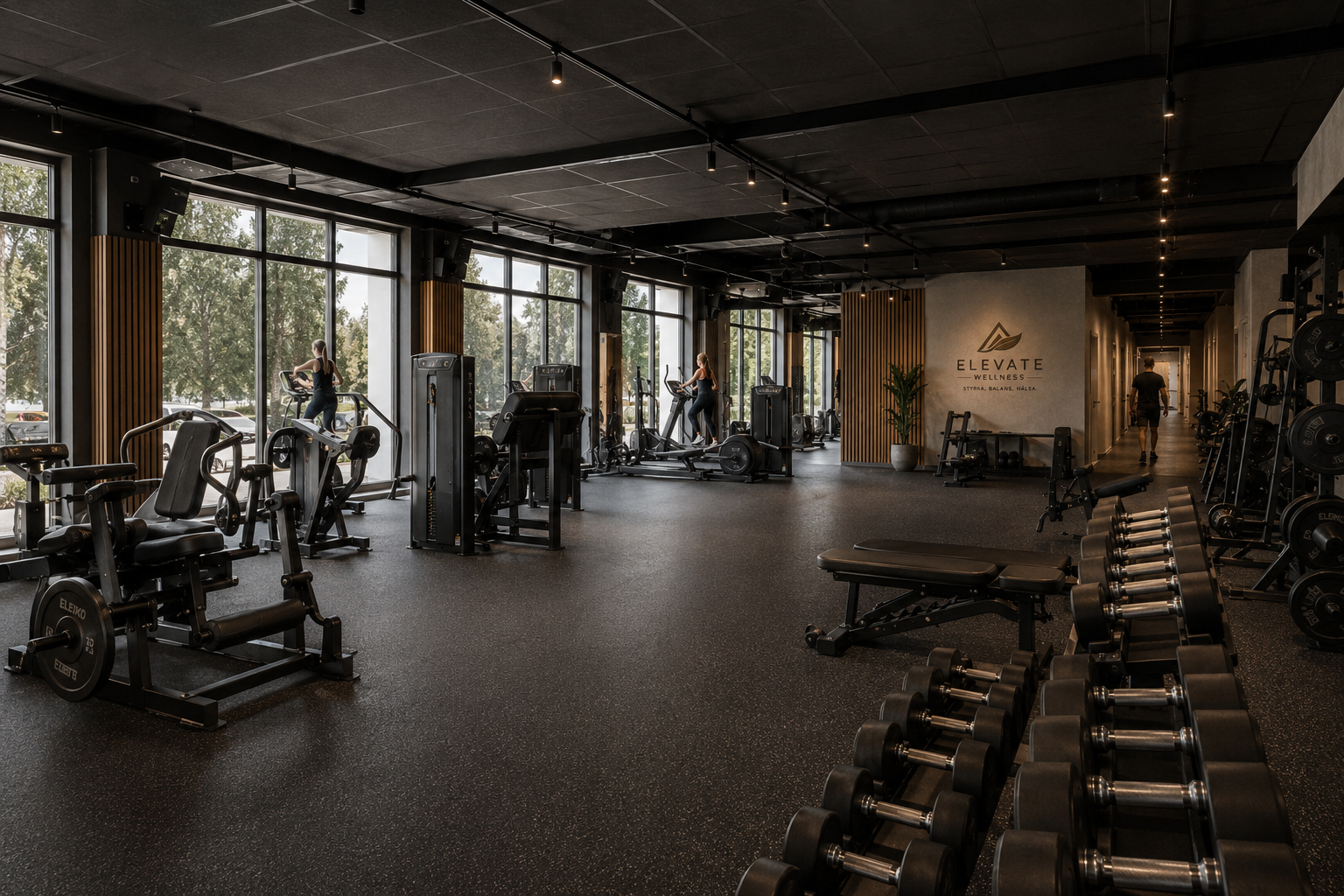 Premium skandinavisk gymmiljö med Elevate Wellness-logotyp på väggen